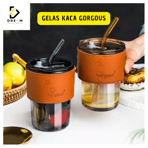 Tumbler Gelas Kaca GORGOUS Gelas Kaca Handle Kulit Free Sedotan Kapasitas 450ml