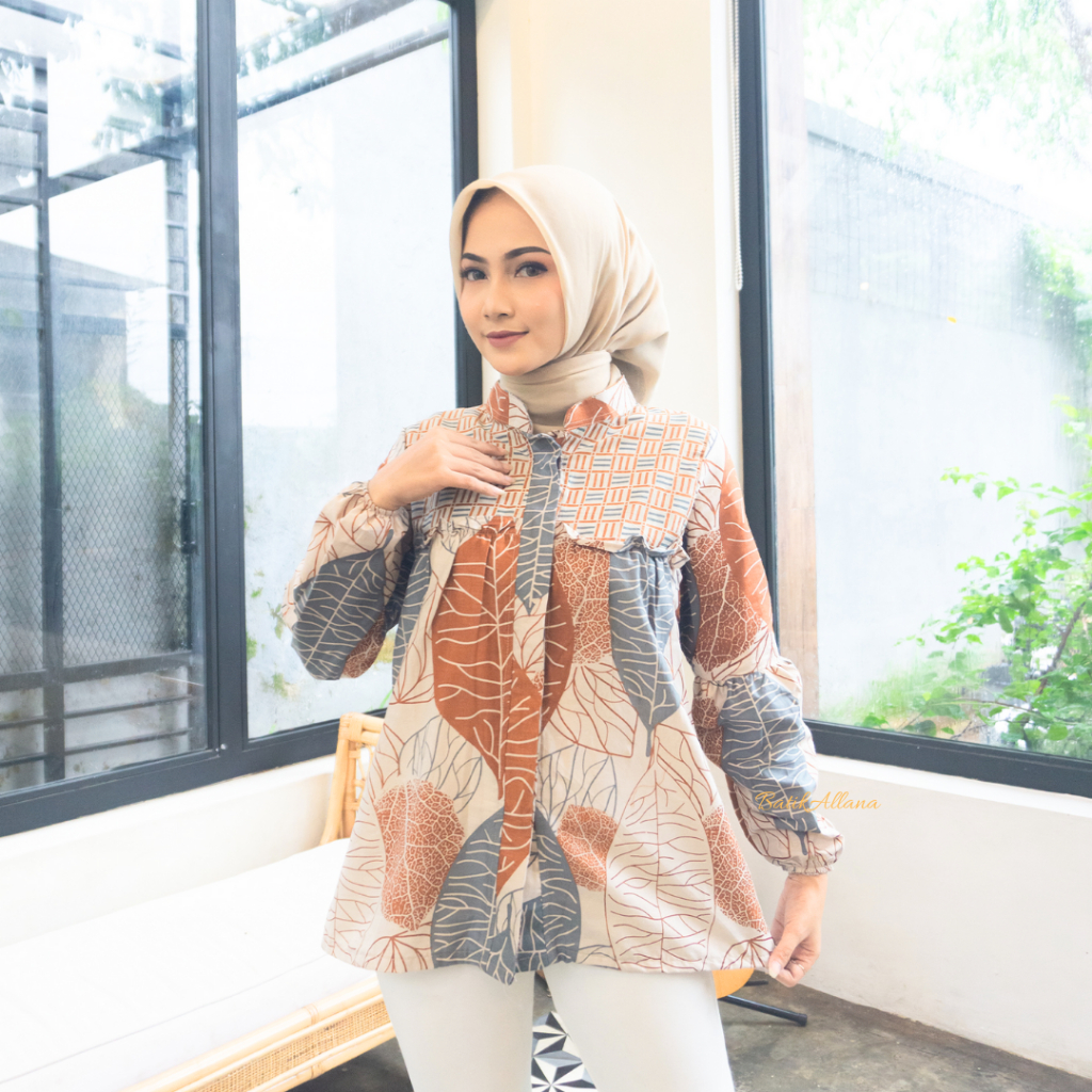 Batik Allana Baju Batik Wanita Modern Atasan Blouse Batik Kerja Kantor Wanita Lengan Balon Motif Dau
