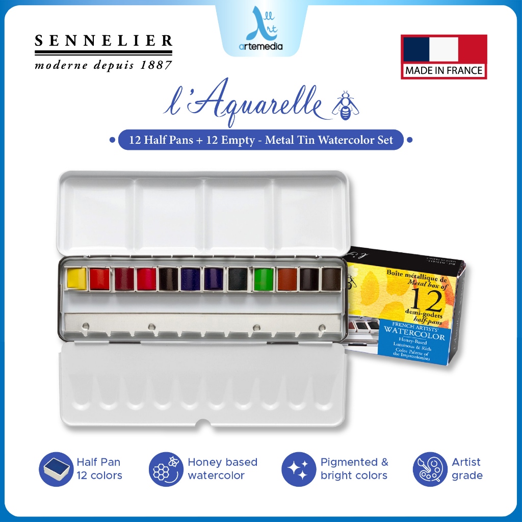 

Sennelier L’Aquarelle Watercolor Paint 12 Half Pan Artist Grade Cat Air Premium Prancis (+12 Empty Compartments)