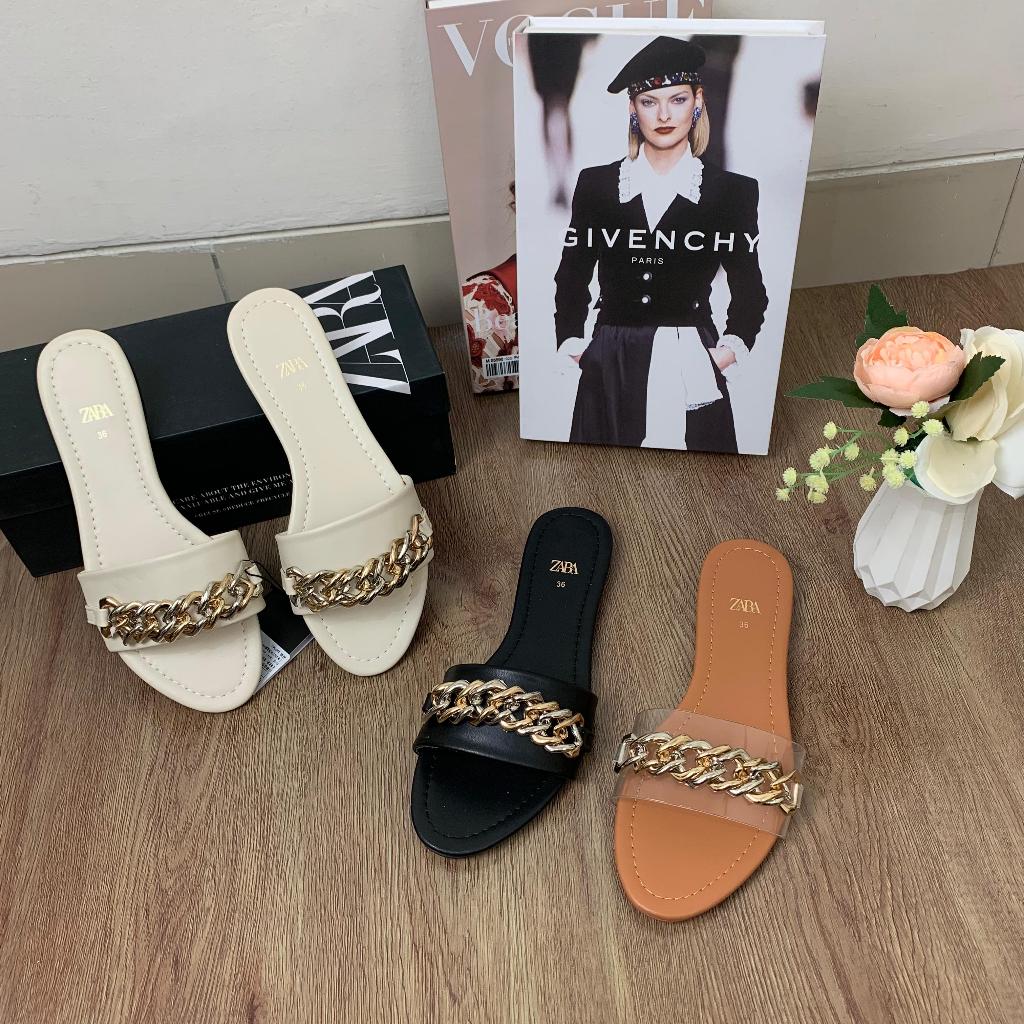 SANDAL WANITA ZARA S 3625 FLAT LEATHER SLIDER SANDALS WITH CHAIN PREMIUM
