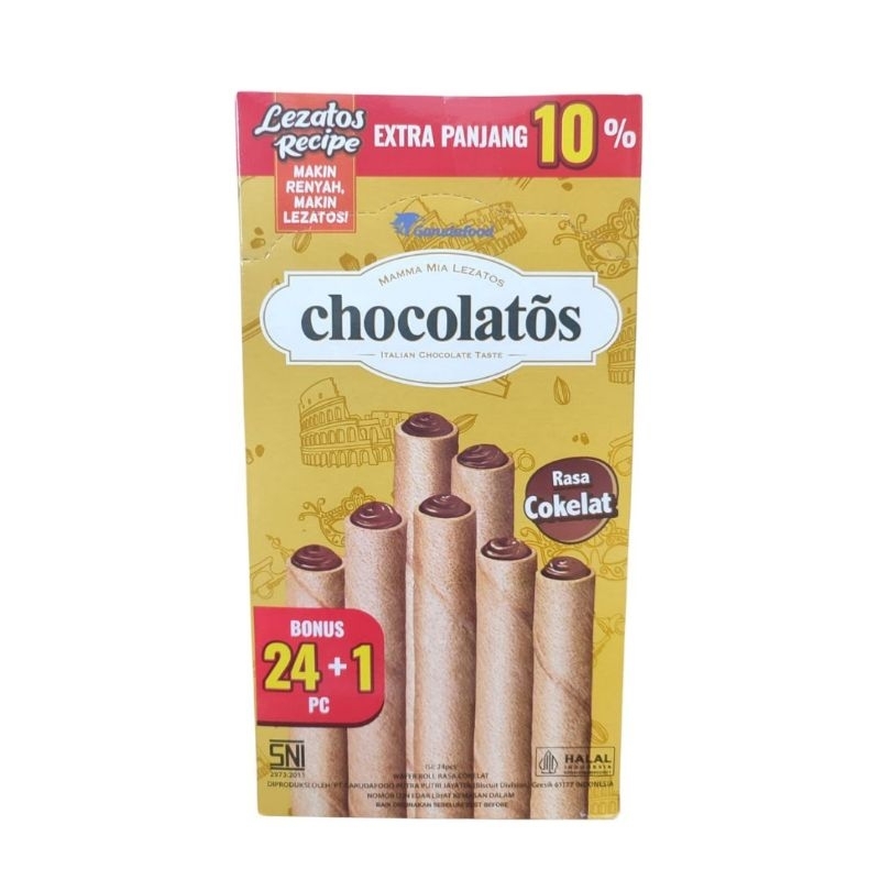 

Chocolatos Box 24+1pcs Extra Panjang 10% ( 14gr/pcs )Wafer Roll Rasa Dark Chocolate & Rasa Cokelat