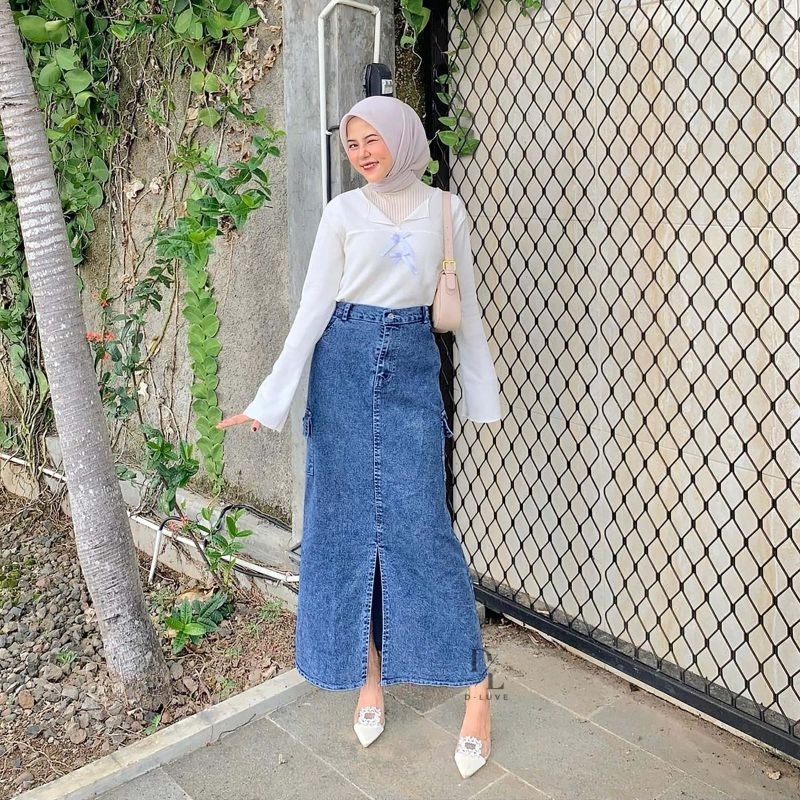 Rok Cargo Jeans Belah Depan - Skirt korean style Wanita bawahan Denim