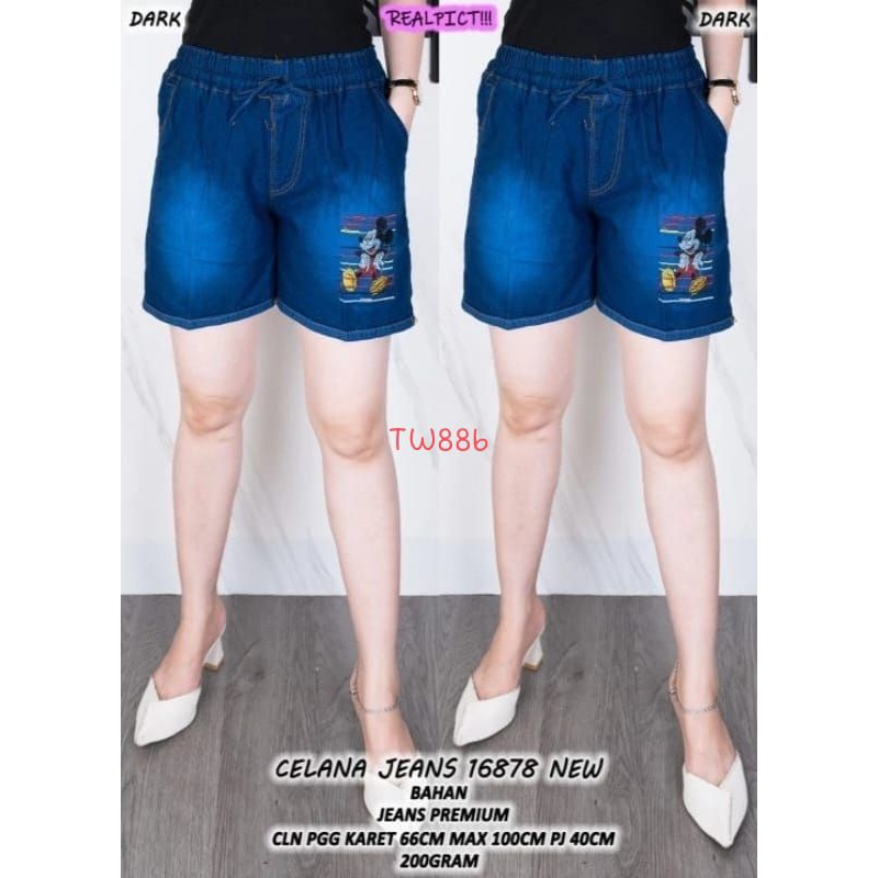 TW886 Celana Pendek Wanita Jeans Bordir mickey mouse pinggang full karet lpmax100cm pj40cm