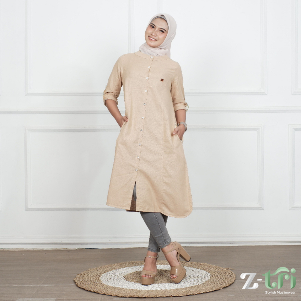 Ztri Tunik polos Wanita Dewasa Bahan Katun linen Premium Model kancing Lengan panjang polos tunik