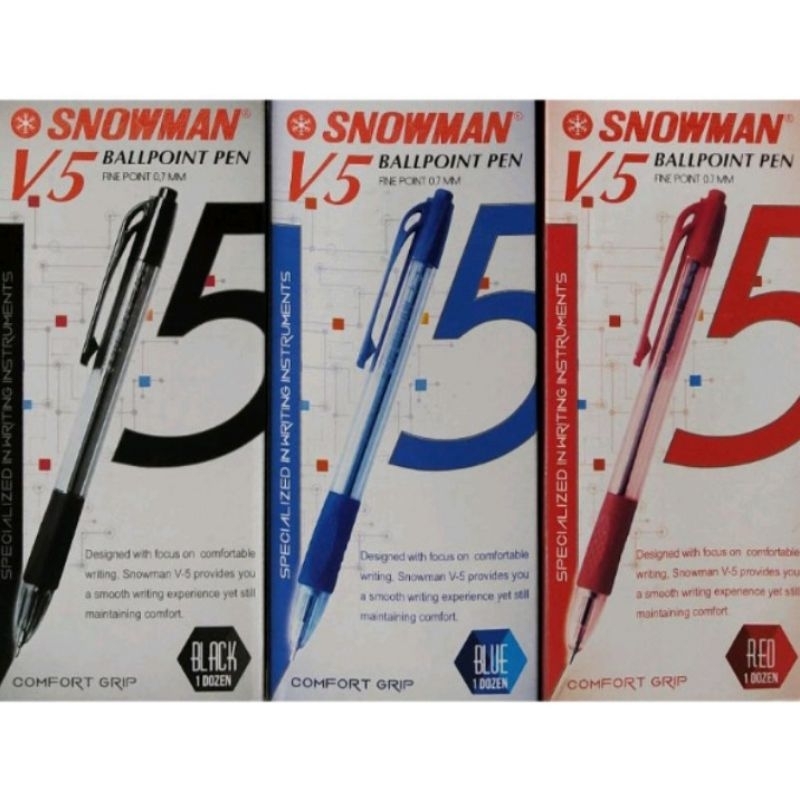 

SELUSIN (12 PCS) Bolpoin/Pulpen/Ballpoint Pen Snowman V5 Warna Hitam, Merah, dan Biru 0.77 MM