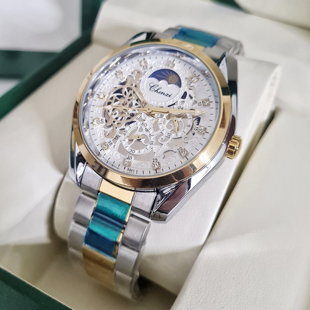 CHENXI Dominus Jam Tangan Pria Original Otomatis Rantai Stainless Silver Gold Tanpa Baterai Anti Air