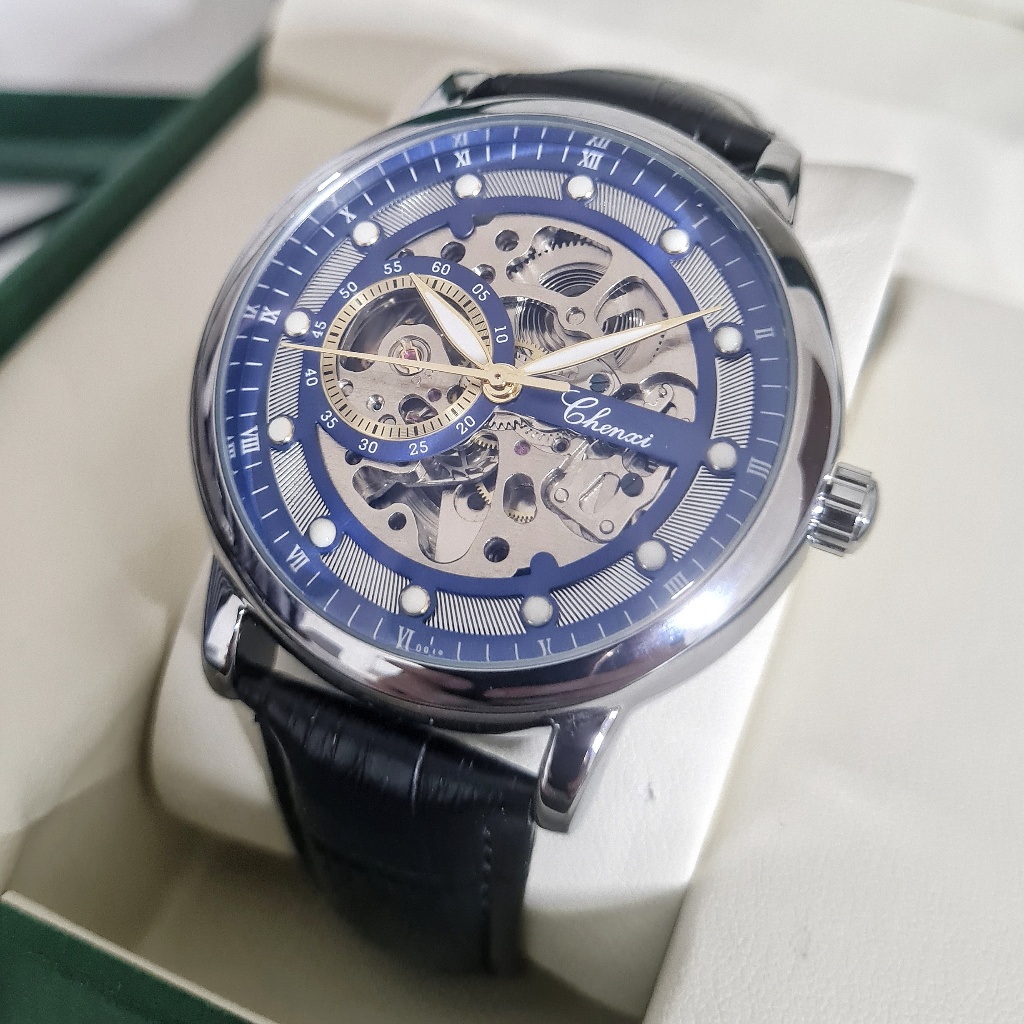 CHENXI Preasidium Jam Tangan Pria Original Automatic Otomatis Tanpa Baterai Biru Skeleton Anti Air