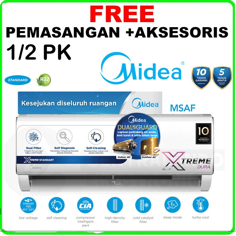 AC MIDEA 1/2 PK + PASANG MIDEA MSAF-05CRN2 - LOW WATT 350 W