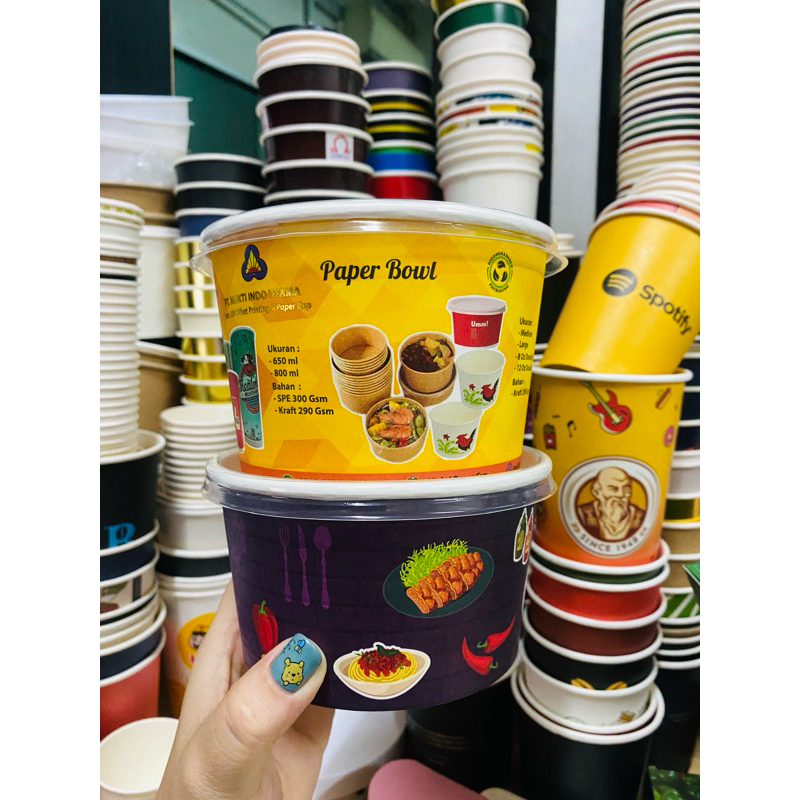 Paper Bowl Custom Logo Full Print Food Grade Untuk Rice Bowl Kemasan Makanan Murah Minimal 1000 pcs