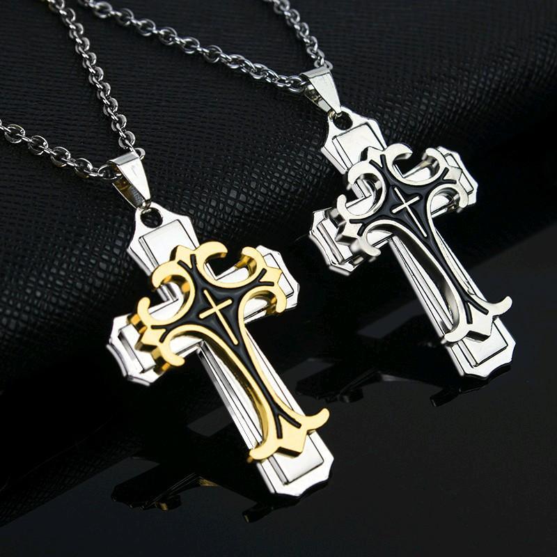 Kalung Salib 3 Lapis V2 - Silver Gold 3 Layer Cross Pendant + Chain / Kalung Salib Keren Unik Untuk 
