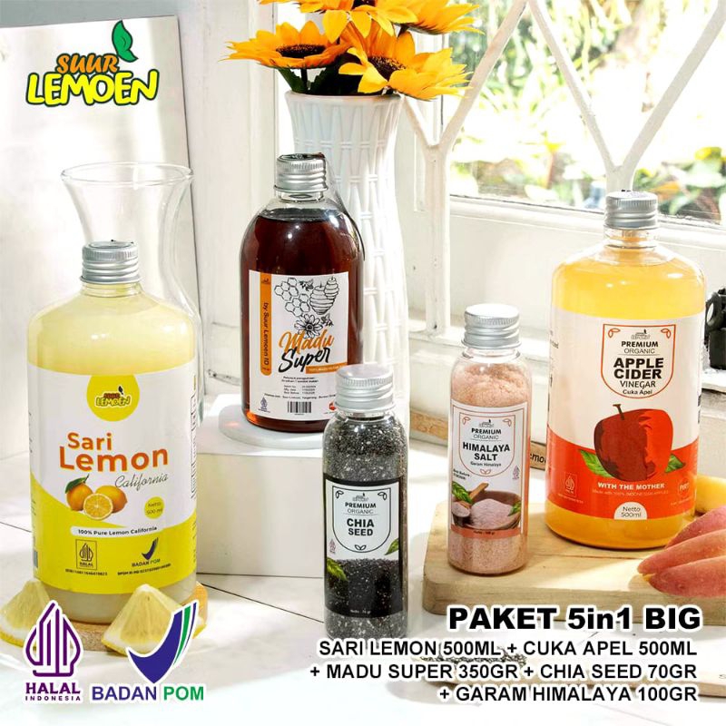 

PAKET 5 IN 1 CUKA APEL 250 ml + SARI LEMON 500 ml + MADU HUTAN 350 gr + CHIA SEEDS 70 ml + GARAM HIMALAYA 100 gr