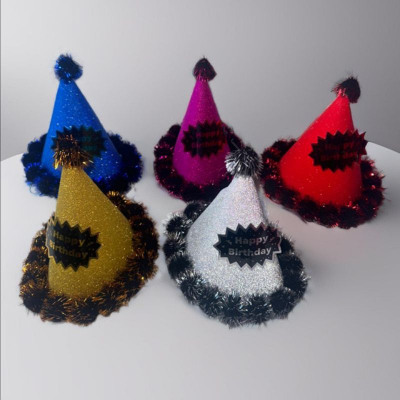 Topi kerucut pompom ulang tahun / Topi ulang tahun