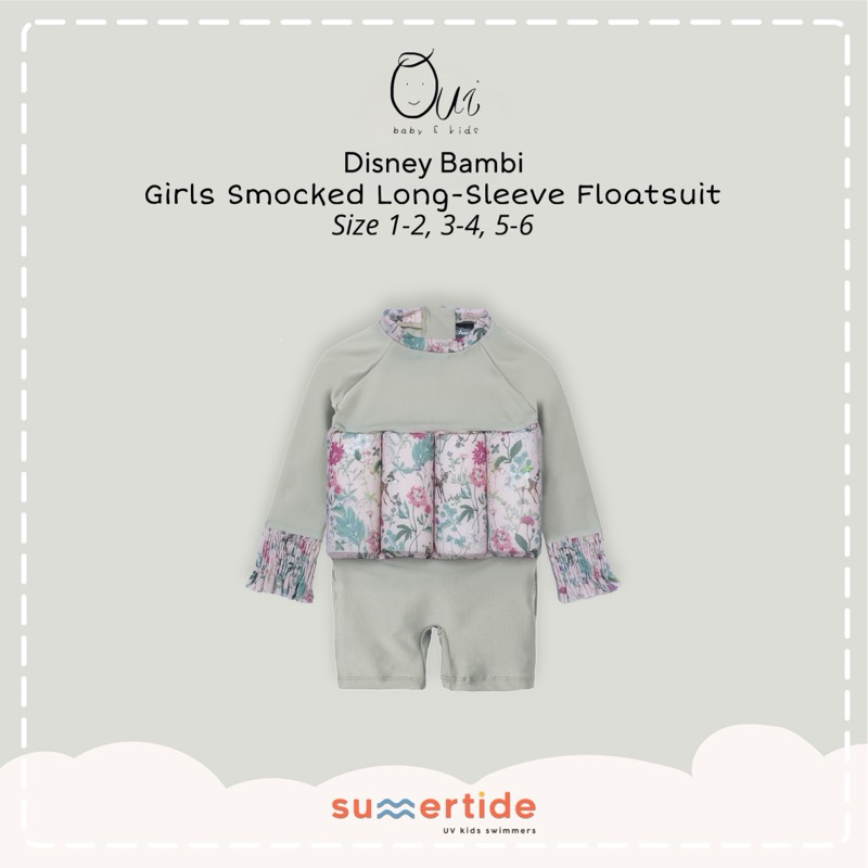 Summertide x Disney Bambi Girls Smocked Long-Sleeve Floatsuit / baju renang anak perempuan dengan pe