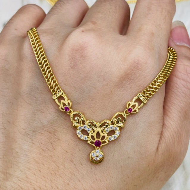 kalung holo AD pink putih rumbai elegant emas asli kadar 700