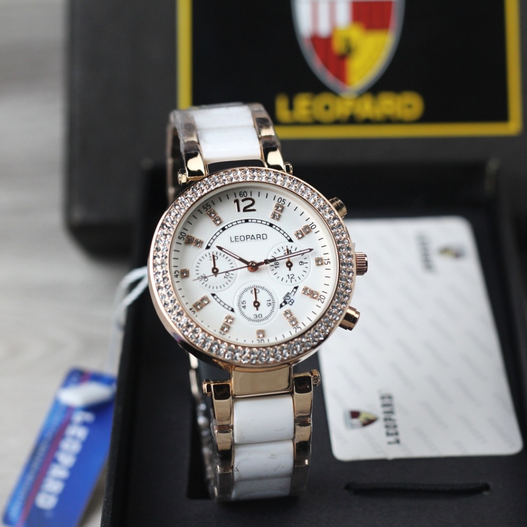 Jam tangan Leopard 2860 tanggal aktif chrono off tali rantai keramik wanita original