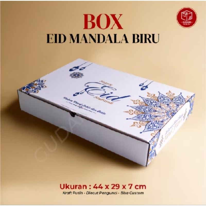 

Box Eid Mubarak Mandala Biru 44x29×7cm/Box Kuker 500gram isi 6 Toples/Hampers Kardus Lebaran
