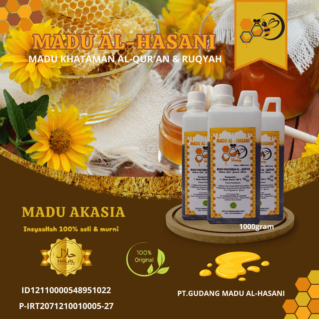 

Madu Khataman Al-Qur'an & Ruqyah, Madu Al-Hasani Asli & Murni Akasia 1000 Gram - Honey - Syrup