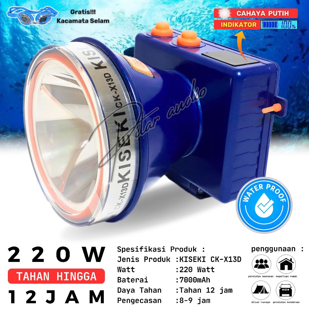 Senter Kepala Selam Kiseki CK-X13D Gratis Kacamata Selam + Tasbih Digital | Headlamp Diving Cahaya P