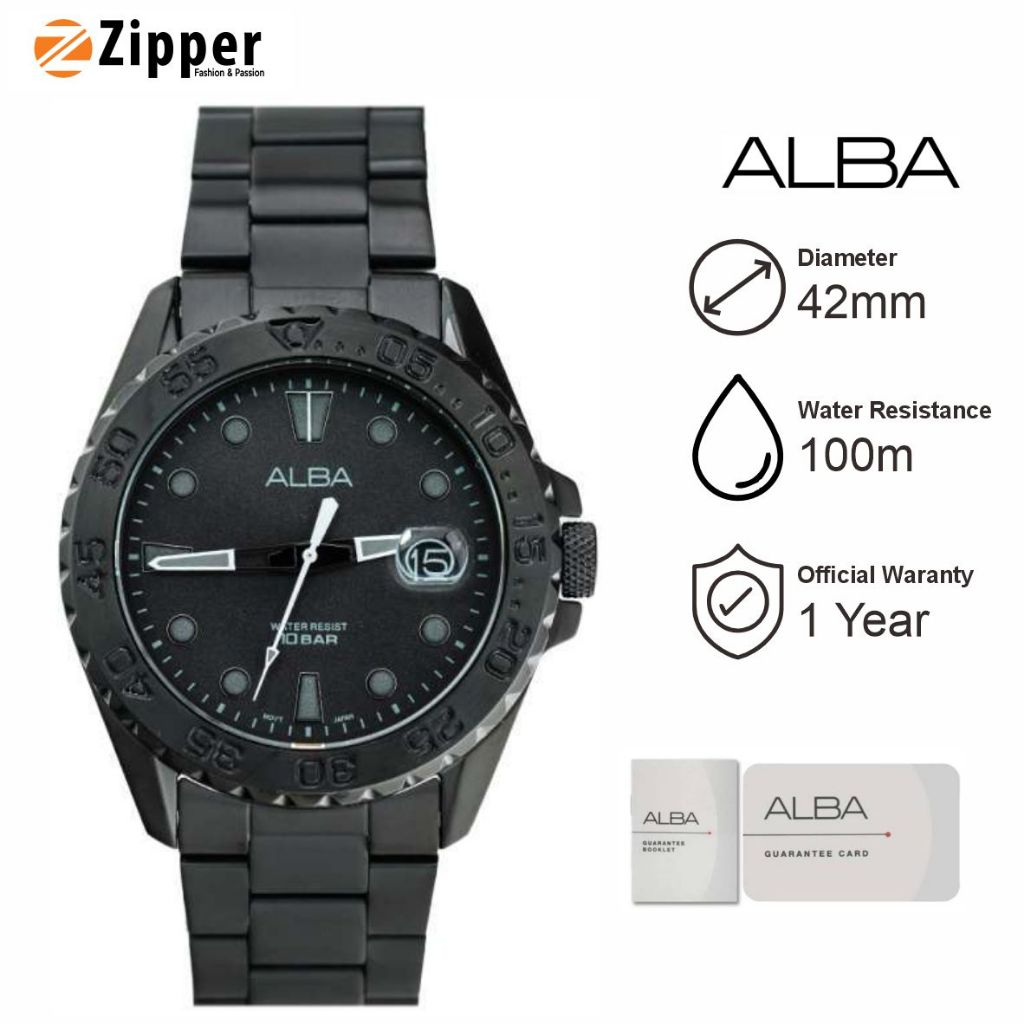 Jam Tangan Pria ALBA AS9N65 Strap Rantai Stainless Steel Hitam Original Garansi Resmi