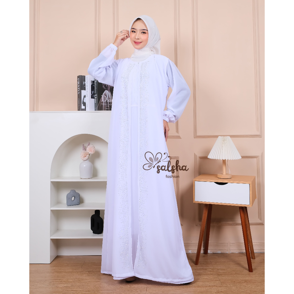 Kanaya Gamis Putih Hitam Bahan Ceruty Babydool Premium/Dress Kondangan Mewah Elegan Busui Friendly