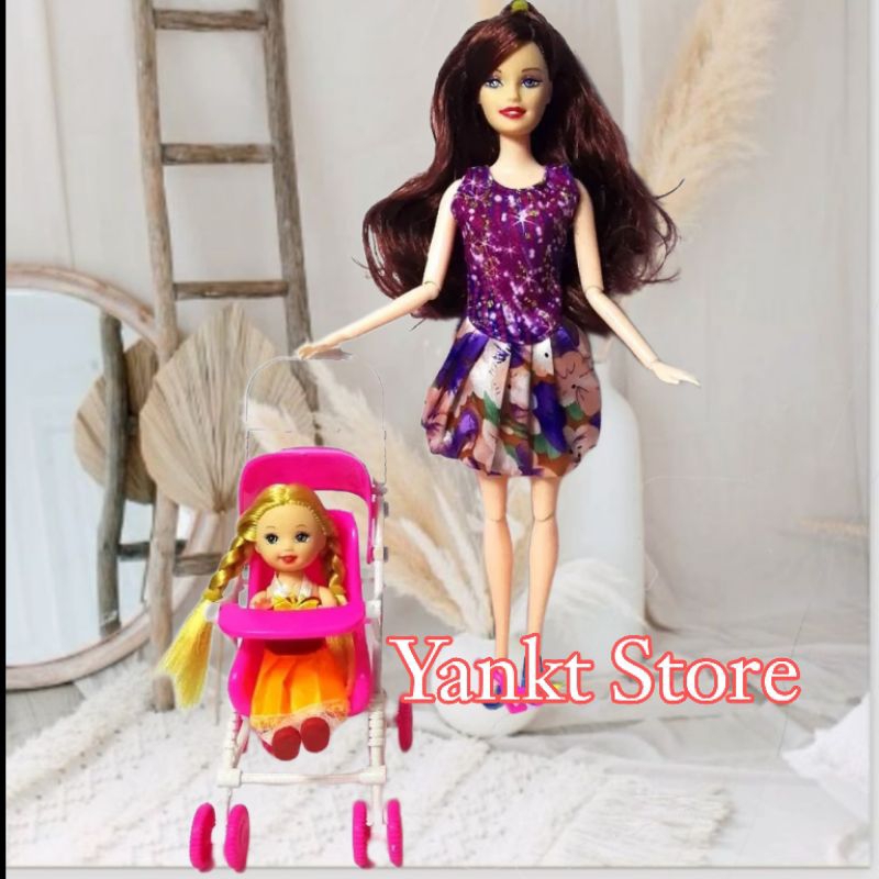 Boneka Berbi Tekuk Dan Anak Stroler