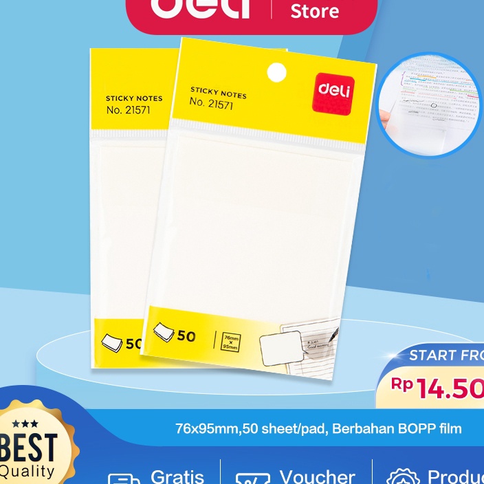 

Deli Semitransparent Sticky Notes Memo Tempel Semi Transparan 76x95mm 5 LembarPad Lem Kuat 21571