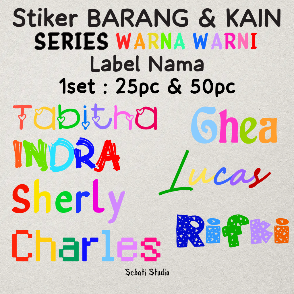 

(<1 Hari Jadi) Stiker Barang | Stiker Kain Sablon | Series WARNA WARNI | Paket isi 50pc PART 2