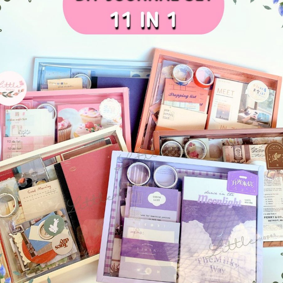 

PAKET FREE GIFT 155 Pcs A6 DIY Journal Set 11 in 1 Gift Box Hadiah Murah Unik Vintage Scrapbook Lucu