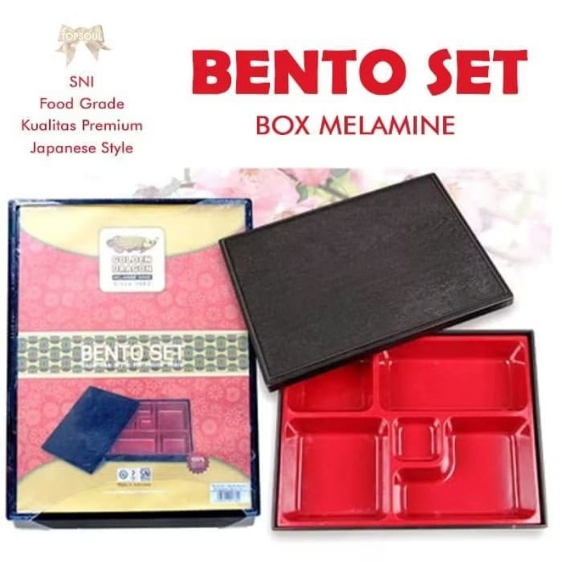Bento set box melamine GOLDEN DRAGON piring 5 sekat tutup kotak makan catering tray
