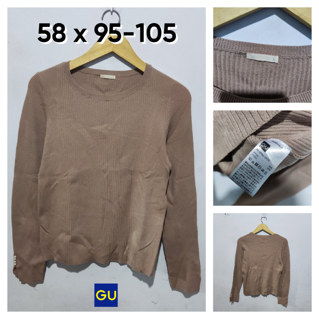 Sweater Lidi Knit GU by Uniqlo Coklat Size L Wanita Atasan Cewek Outer Knit With Pearl Button ED046