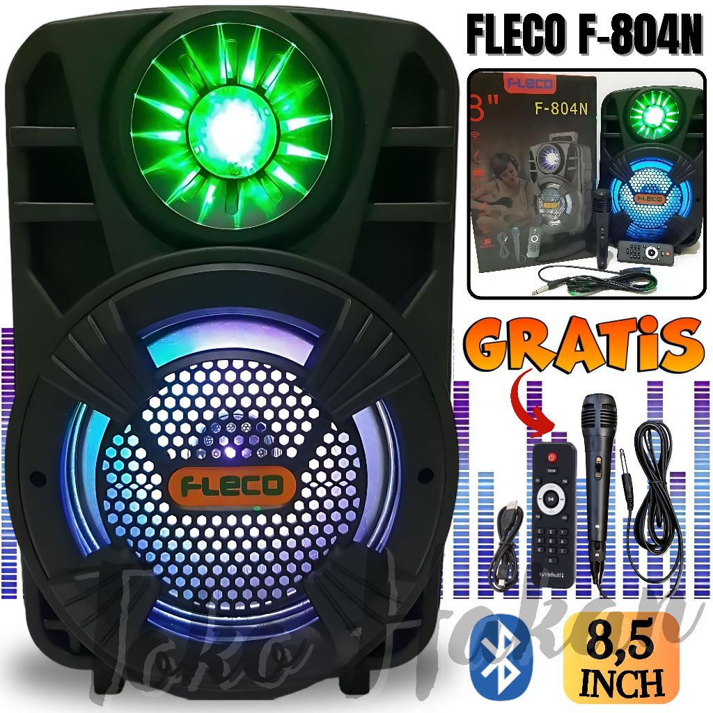 Speaker Bluetooth Fleco F-804N / Speaker 8,5 Inch Bonus Mic Kabel + Remote + Kabel Charger - Speaker