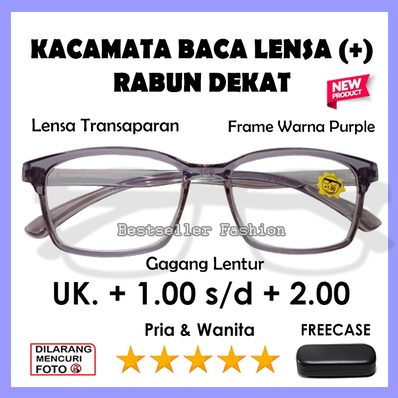 Kacamata Baca Kacamata Rabun Dekat Frame Kotak Warna Ungu Bening Ready Plus 1.00 s/d 3.00 Ujung Tang
