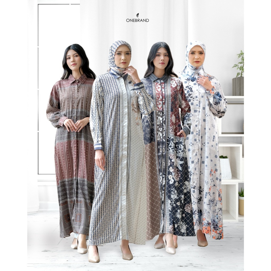 Dress Gamis muslim wanita motif printing bahan silk full kancing byOnebrand