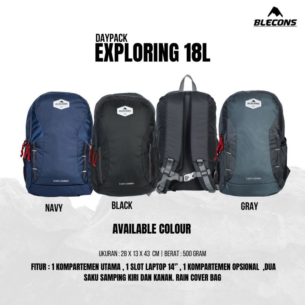 TAS RANSEL DAYPACK BLECONS EXPLORING 18 LITER + RAINCOVER TAS SEKOLAH KANTOR TRAVEL ORIGINAL DAYPACK