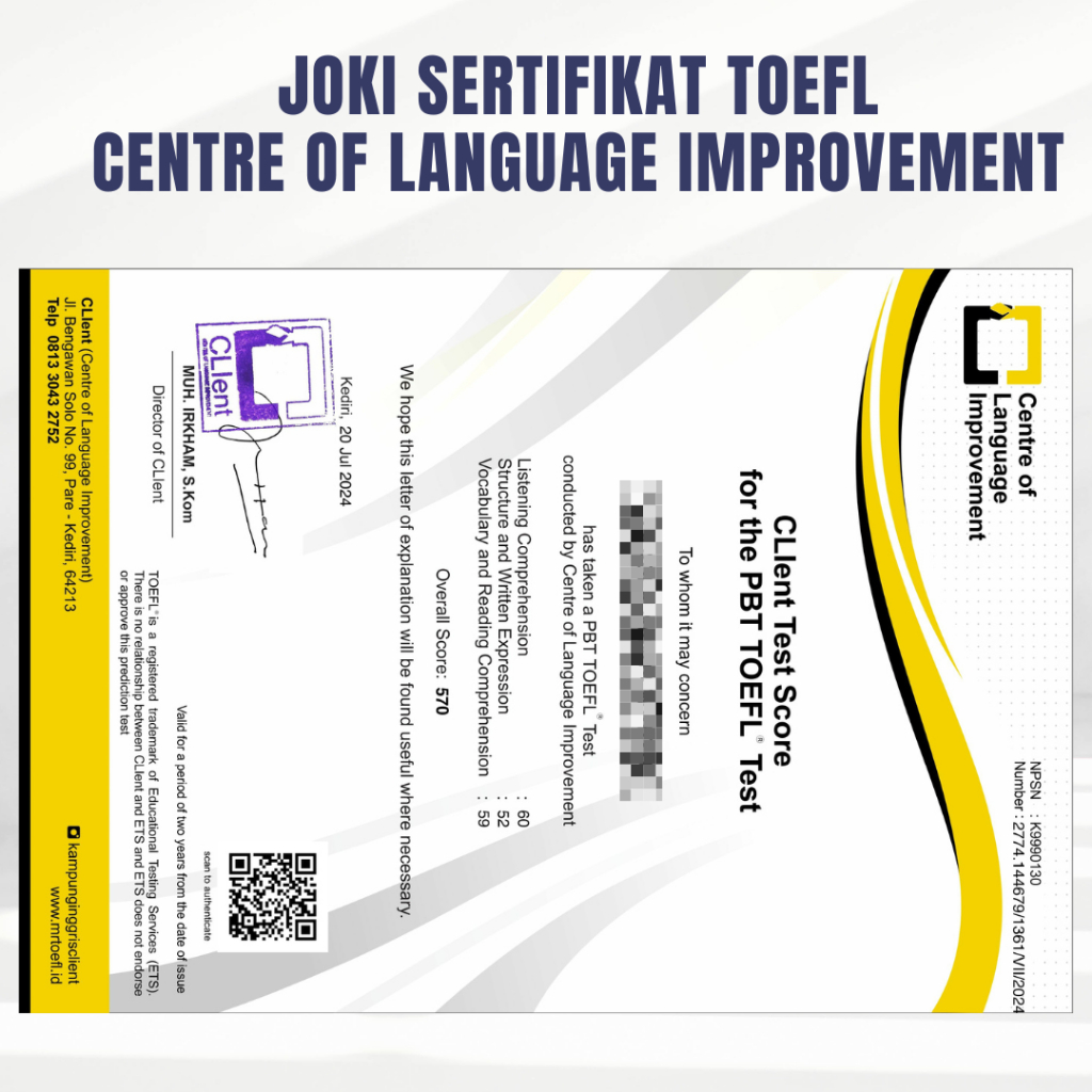 SERTIFIKAT TOEFL PREPARATION CENTRE OF LANGUAGE KAMPUNG INGGRIS RESMI TEKNIS ONLINE