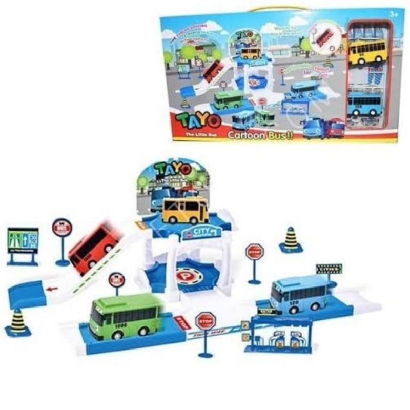 Mainan bus tayo track parking/ Mainan track tayo cartoon bus