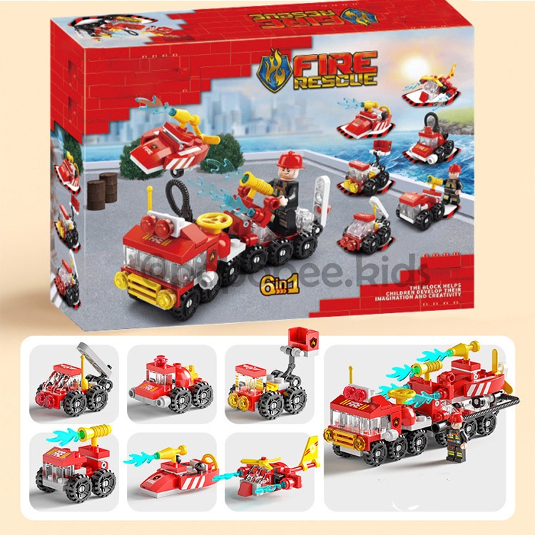 POPOBEE | Mainan 6 in 1 Lego Balok/ Brick Susun Mobil Truk Pemadam Kebakaran Fire Truck