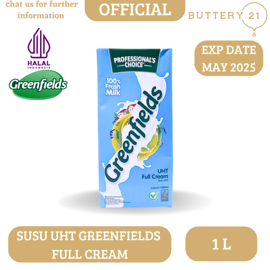 

GREENFIELDS SUSU UHT FULL CREAM MILK 1 L/SUSU UHT FULL CREAM 1 LITER