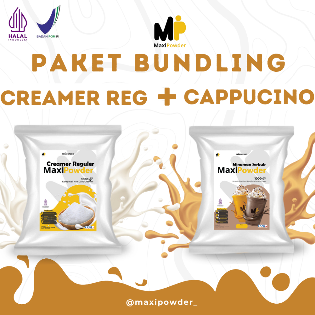 

Bubuk Minuman Rasa Paket Bundling Creamer Reguler + Cappucino 1kg / Minuman Termurah dan Terlaris / MaxiPowder