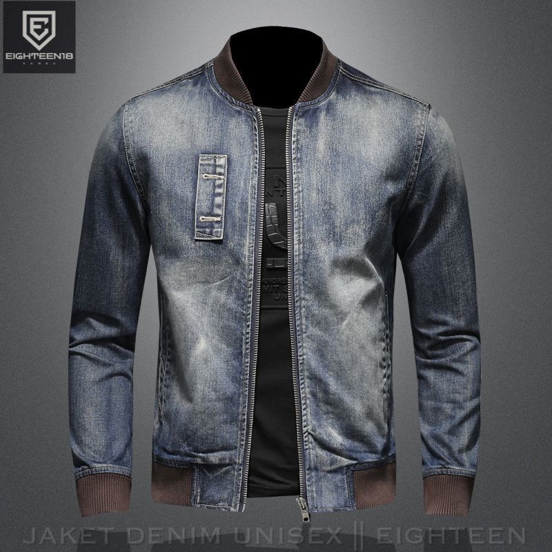 KAMBA STORE-jaket jeans boomber pria bahan denim tebal biru tua zipper musim dingin