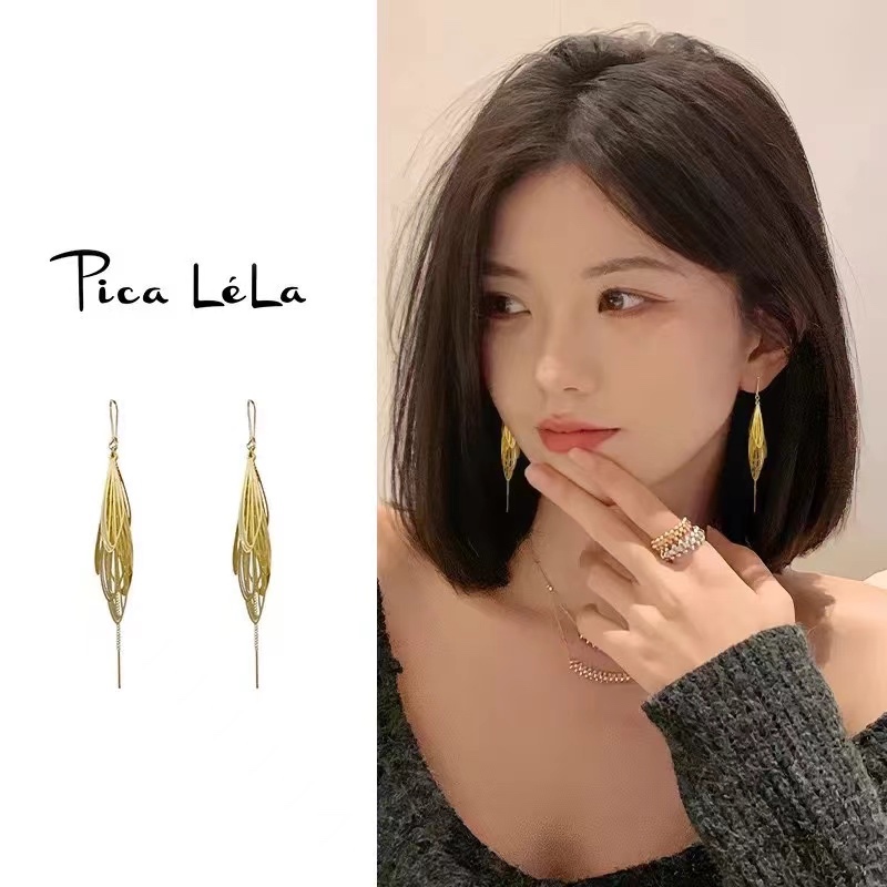 Pica LelaAnting Hijab Panjang Wanita Korea Model Juntai Warna Gold Emas Giwang Jilbab Hook