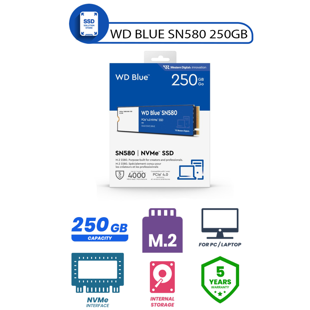 WD Blue SSD SN580 M.2 Pcie Gen3 Nvme 2280 250GB 500GB 1TB