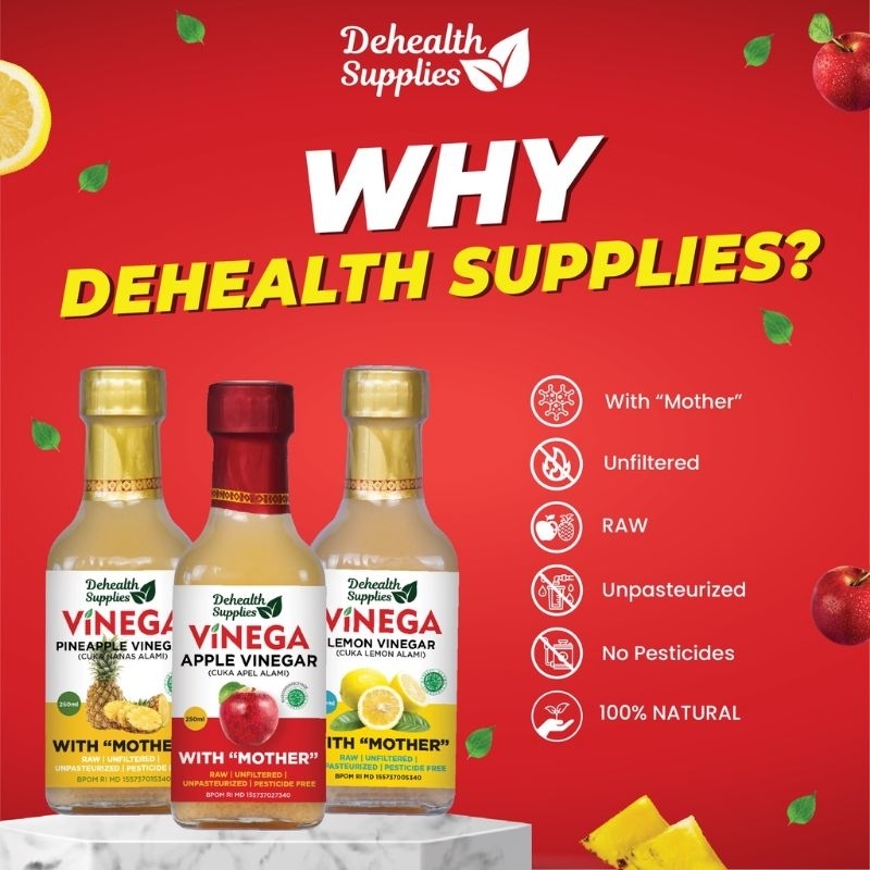 

Vinega Finega Cuka Nanas With Mother 500 ml Dehealth Supplies kemasan botol plastik / Kaca Cuka Alami Organik