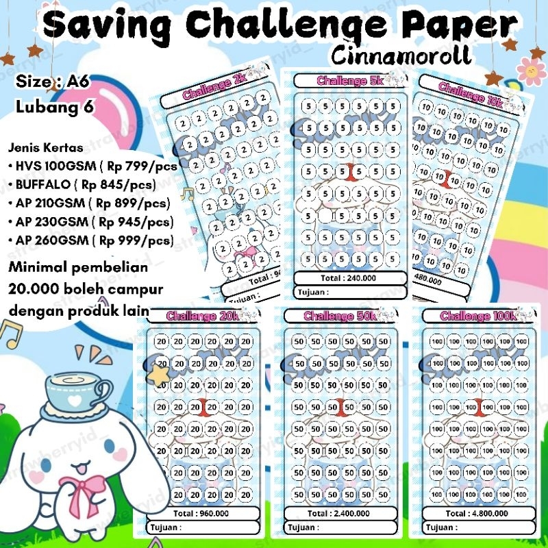 

♡•♡ Strawberrid 018 ♡•♡ 1 Lembar Kertas Menabung Versi Sanrio Cinnamoroll Biru Saving Challenge Isi Binder A6