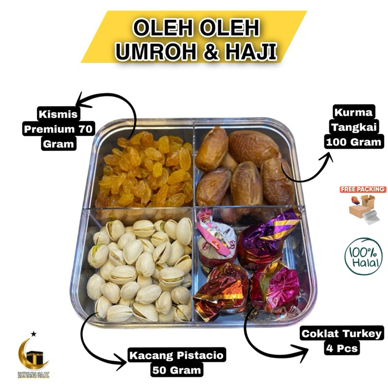 

Oleh oleh haji & Umroh Sekat 4 Kurma Tangkai + Kismis premium+ Pistacio + Coklat Turkey