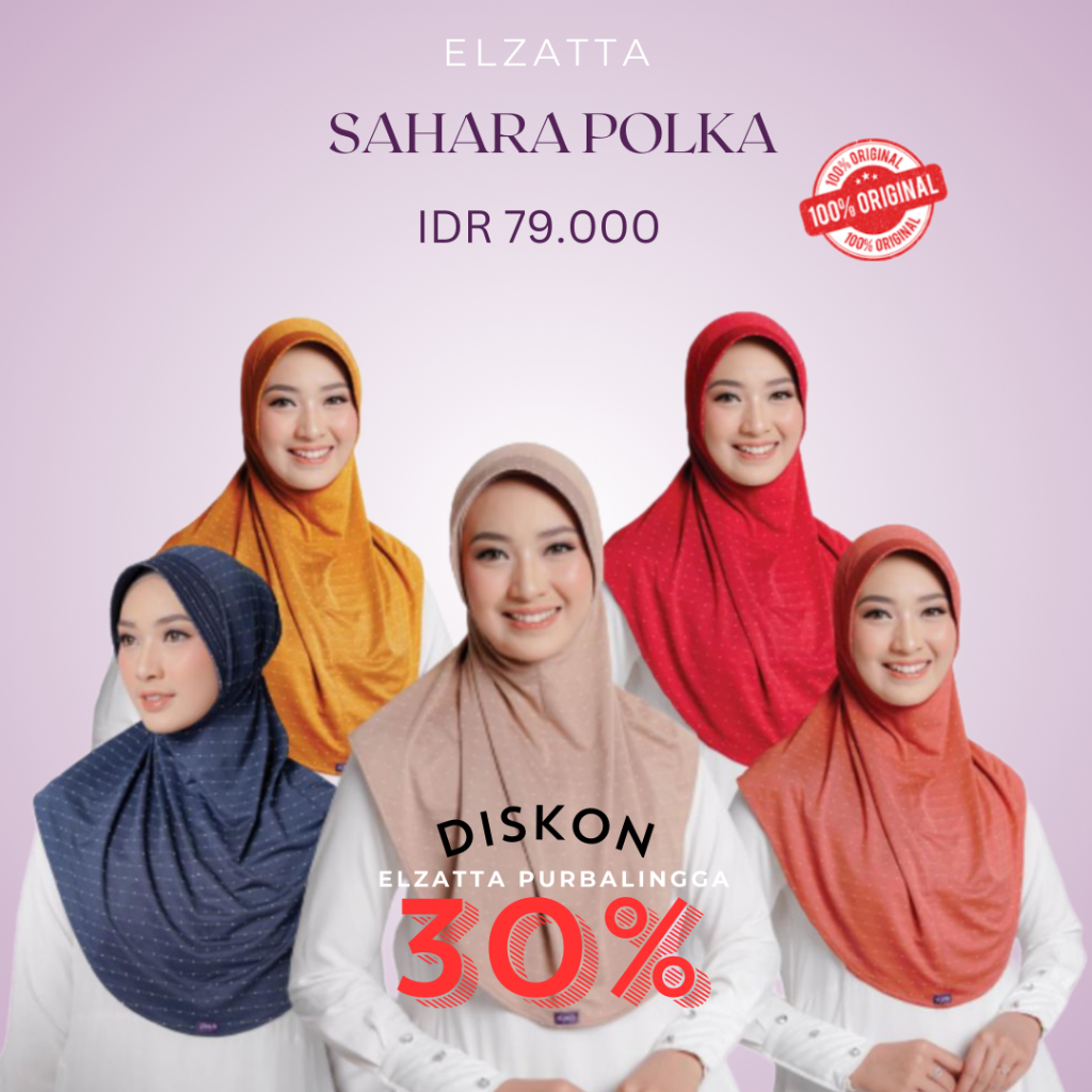 ELZATTA SAHARA POLKA JILBAB INSTAN SERUT BELAKANG MOTIF BAHAN SPANDEX PREMIUM ALL SIZE TRENDY 2022