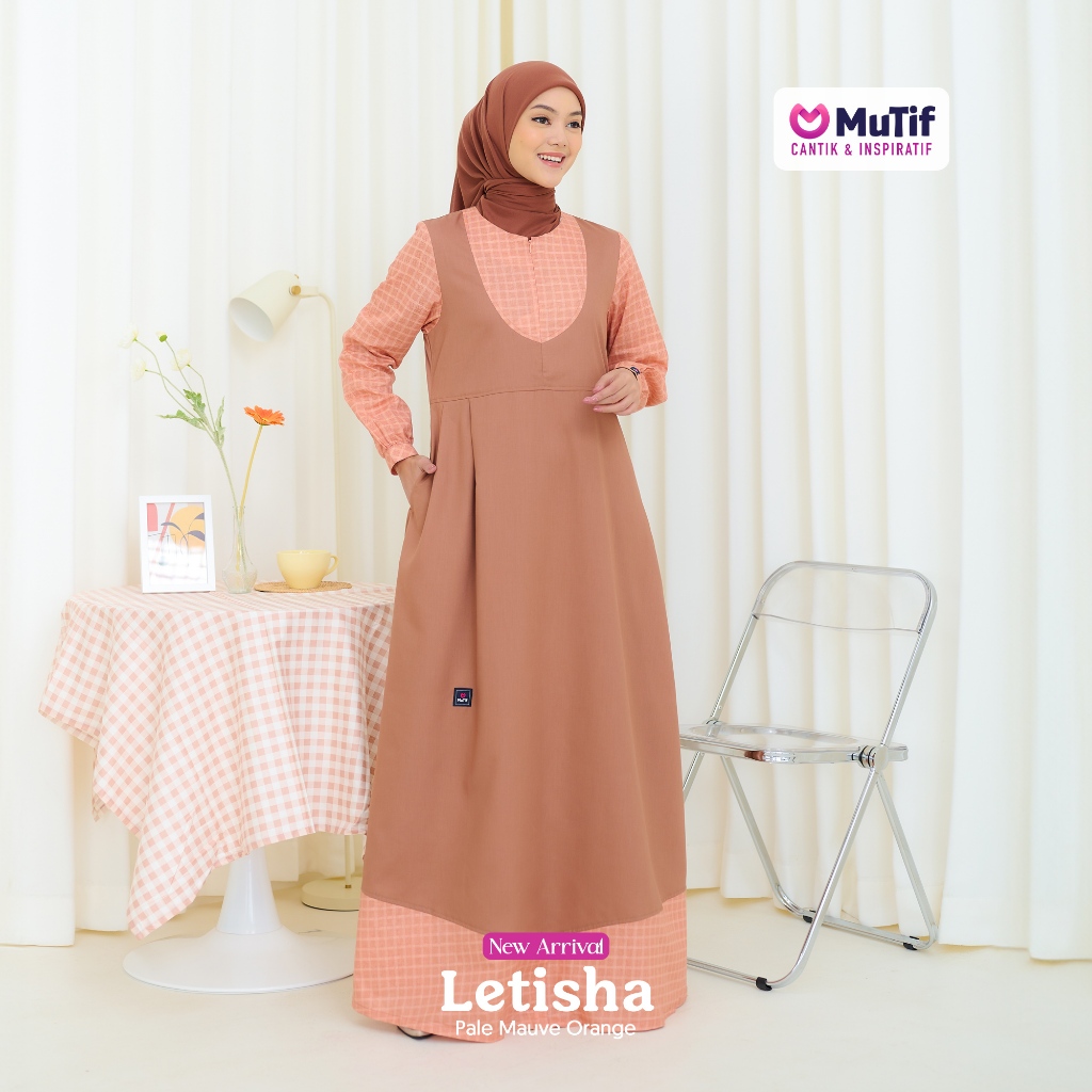 Mutif Gamis Letisha Pale Mauve Orange Dress Muslimah Polos Kombinasi Kotak Bahan Katun Toyoci Print