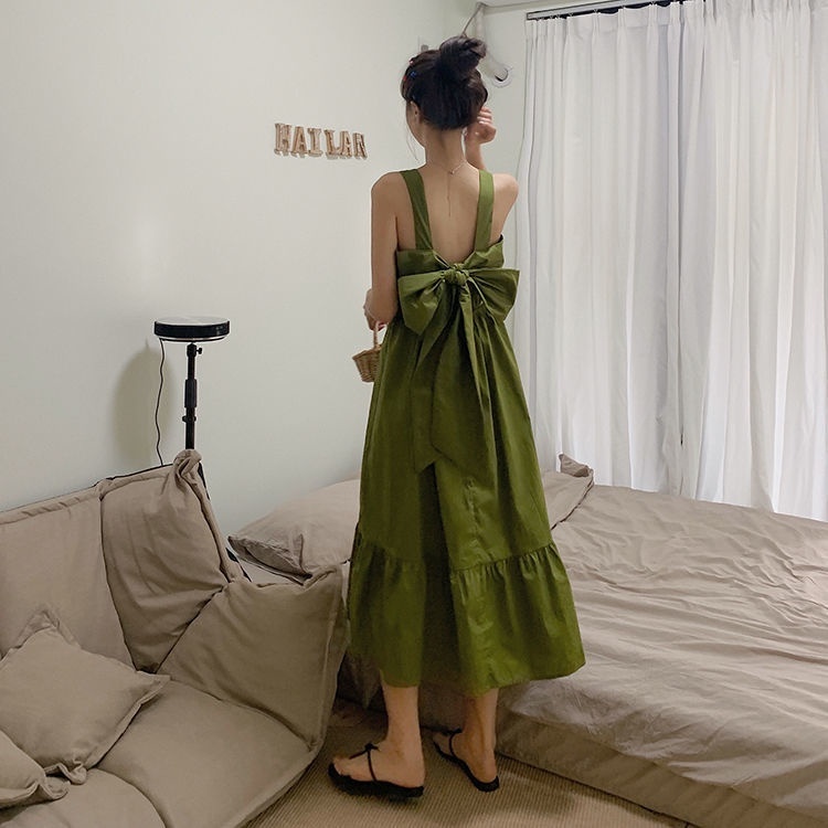 Aanindita Dress Wanita Polos Tanpa Lengan Korean Style| Midi Dress Pita Belakang