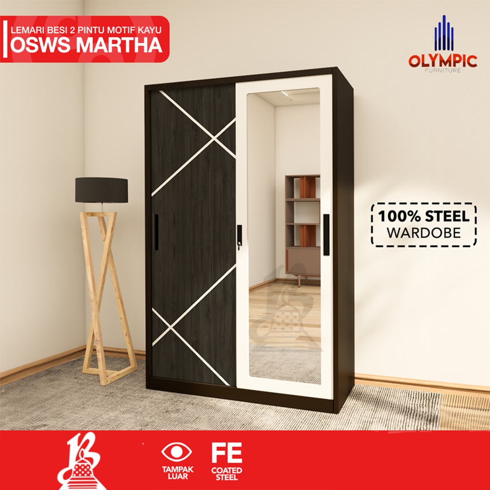 OLYMPIC STEEL Lemari Pakaian Baju 2 Pintu Besi Sliding Minimalis Motif Kayu Hitam OSWS MARTHA