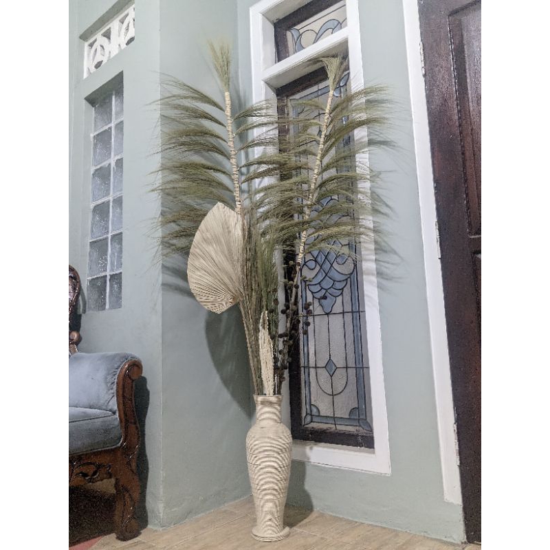 paket bunga kering dekorasi + vas Tali rotan T50 cm dan daun palem AESTHETIC sudut ruangan Dekorasi 